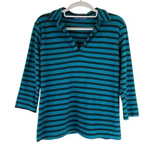 CUT LOOSE Cotton Linen Striped Top V-neck Collared Blue Black Preppy Sz XS